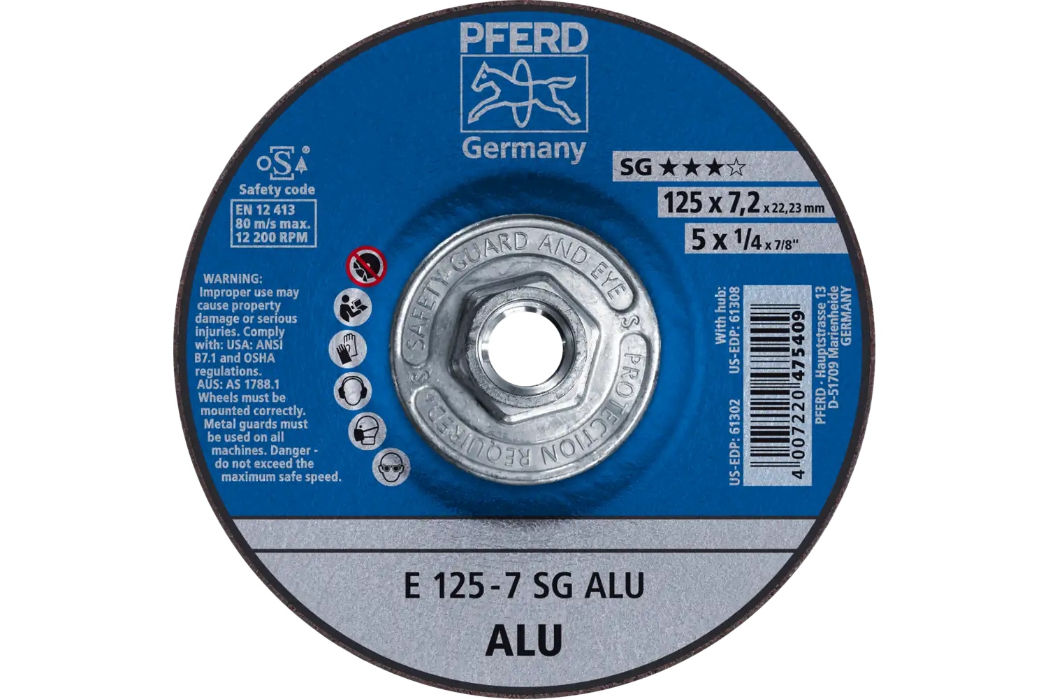 Picture of Pferd Grinding Wheel, 5" X 1/4 X 7/8, Sg Alu, T27, Aluminum Oxide, Silicon Carbide